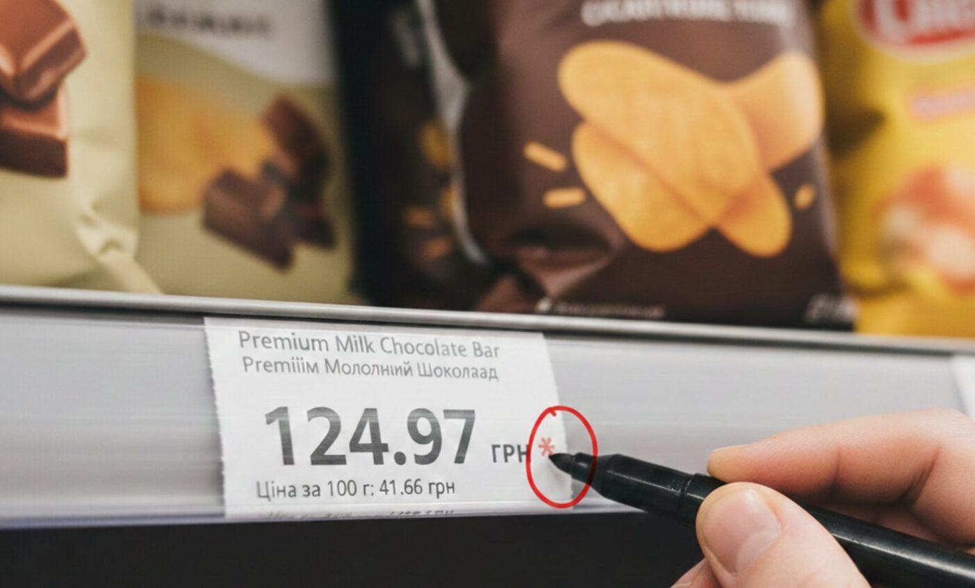 Цінник у супермаркеті на Преміум Молочний Шоколад зі спеціальною позначкою зірочкою