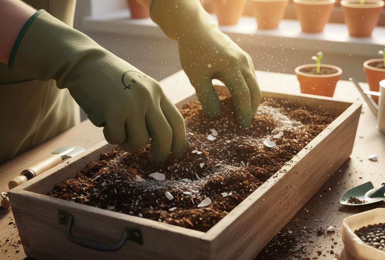 Руки в садових рукавичках змішують родючий чорнозем з подрібненою яєчною шкаралупою та попелом у дерев'яному ящику для розсади.