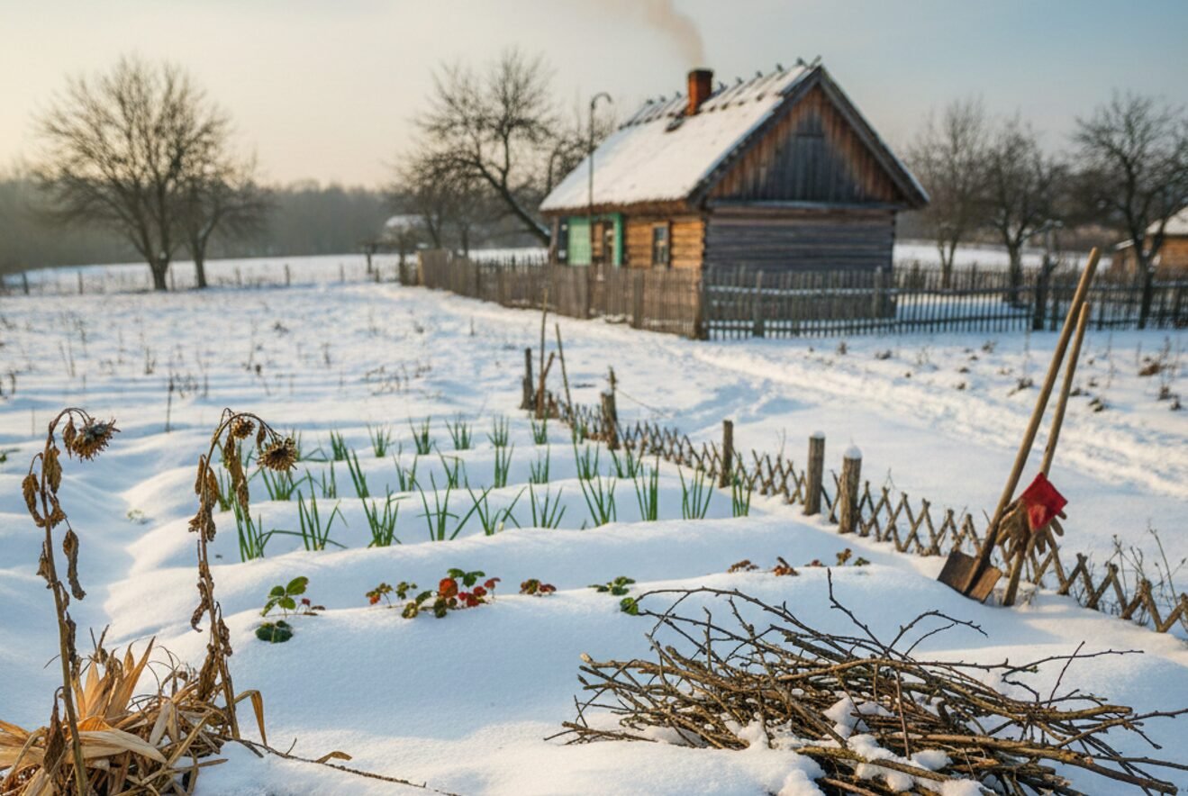 Купа гілля та хмизу на засніженому городі біля грядок з полуницею, метод снігозатримання в лютому.