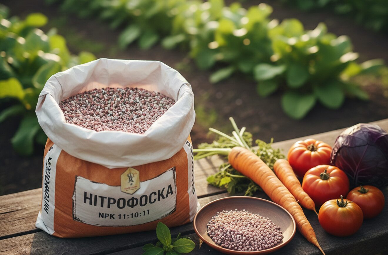 Мішок з гранульованим добривом нітрофоска на дерев'яному столі на фоні городу з овочами, морквою та томатами.
