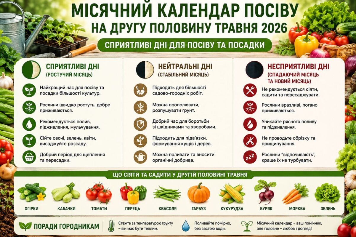 Місячний календар посіву на другу половину травня 2026